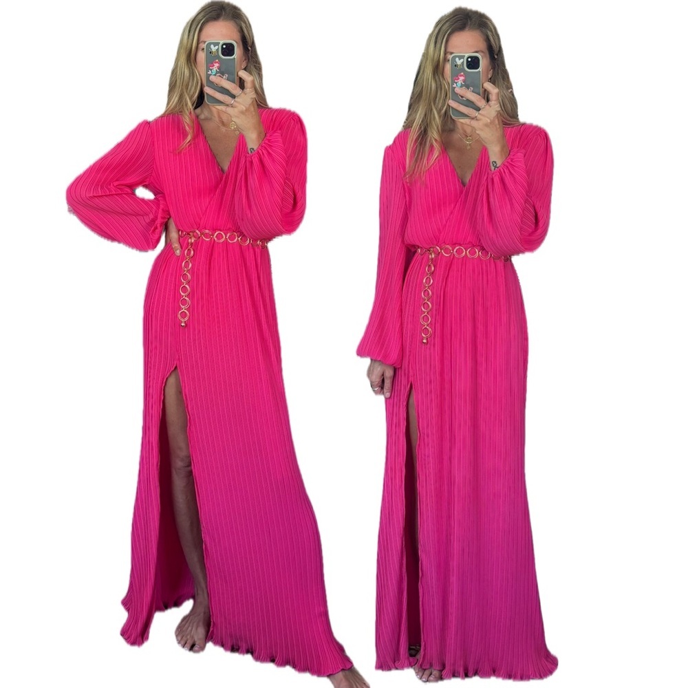 Hot Pink Pleated Tall Long Sleeve Slit Disco Palm Springs Royale Maxi Dress